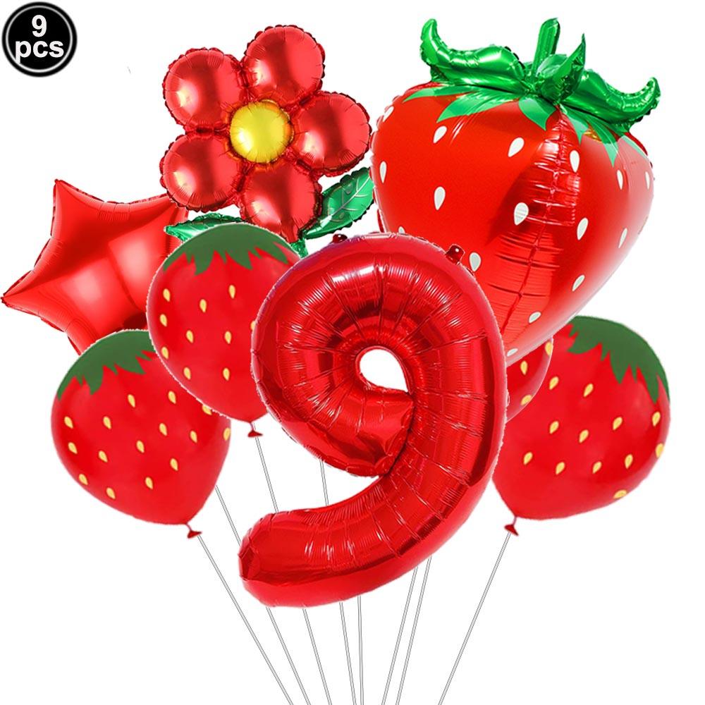9pcs Strawberry Balloons Kits Birthday Decorations for Girls 32inch 0-9 Number Balloons for Strawberry Birthday Party Decors