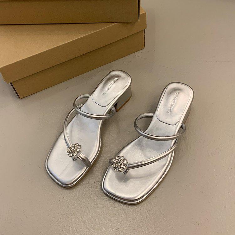 Französische Dicke Ferse Strass Schöne High Heel Sandalen Damen Sommerbekleidung 2025 Neue Mode mit Rock Sandalen Römische Schuhe