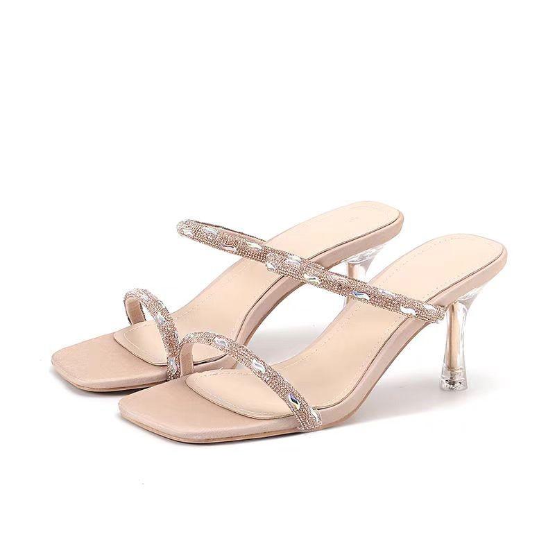2025 summer new rhinestone one-word strap high heel half-drag women's sandals high heels thin heel transparent casual slippers