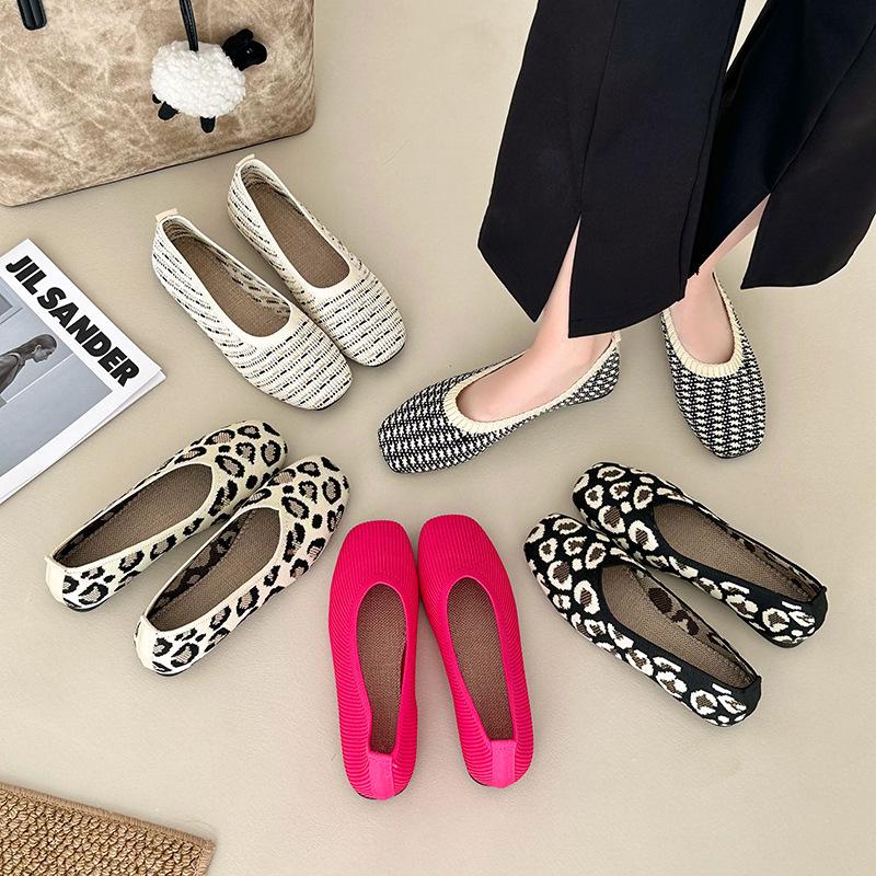 Fashion Women Leisure Flats Summer Autumn Flat Shoes Breathable Knitted Leopard Print Slip-on Female Daily Walking Driving Loafers