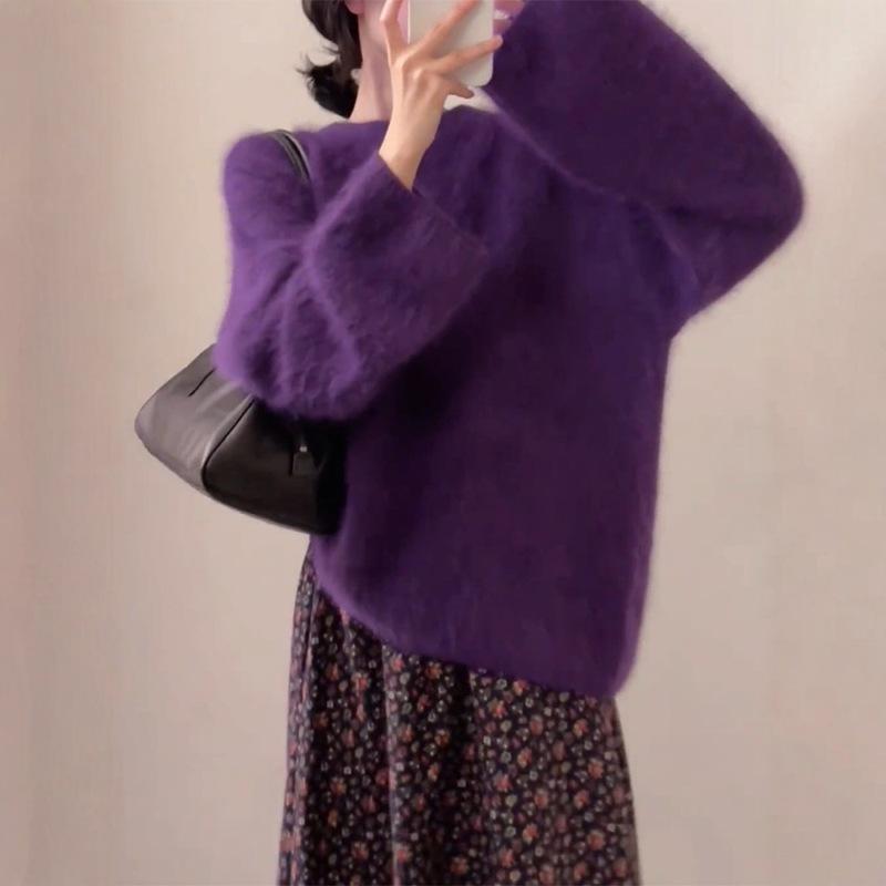 Autumn and winter imitation mink soft waxy loose purple plush round neck long-sleeved sweater knitted sweater base outer wear