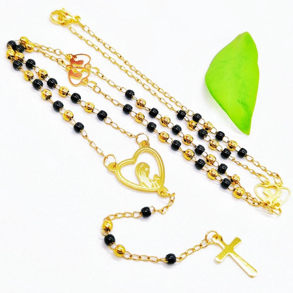 Schwarze Kreuzkette mit Goldakzenten, Multi-Accessoire - Edelstahl-Rundperlen-Schutzkette für Damen