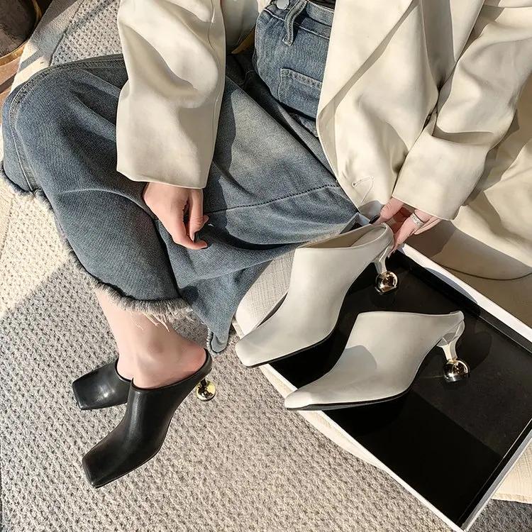 Fashion White Sheepskin Square Head Women's Slipper Baotou Textured Elegant Commuter Casual Simple Sense of Classic Wine Glass Heels New