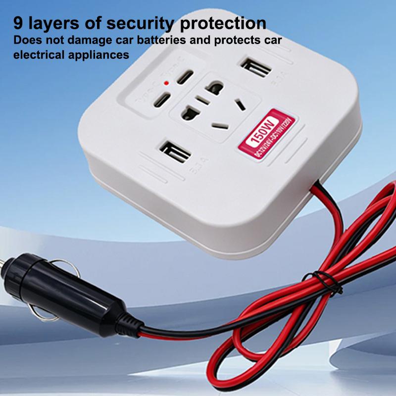 150W Car Power Inverter With Usb C Fast Charging Ac Outlets Fireproof Abs Shell For Road Trips Charging Multiple Electronics