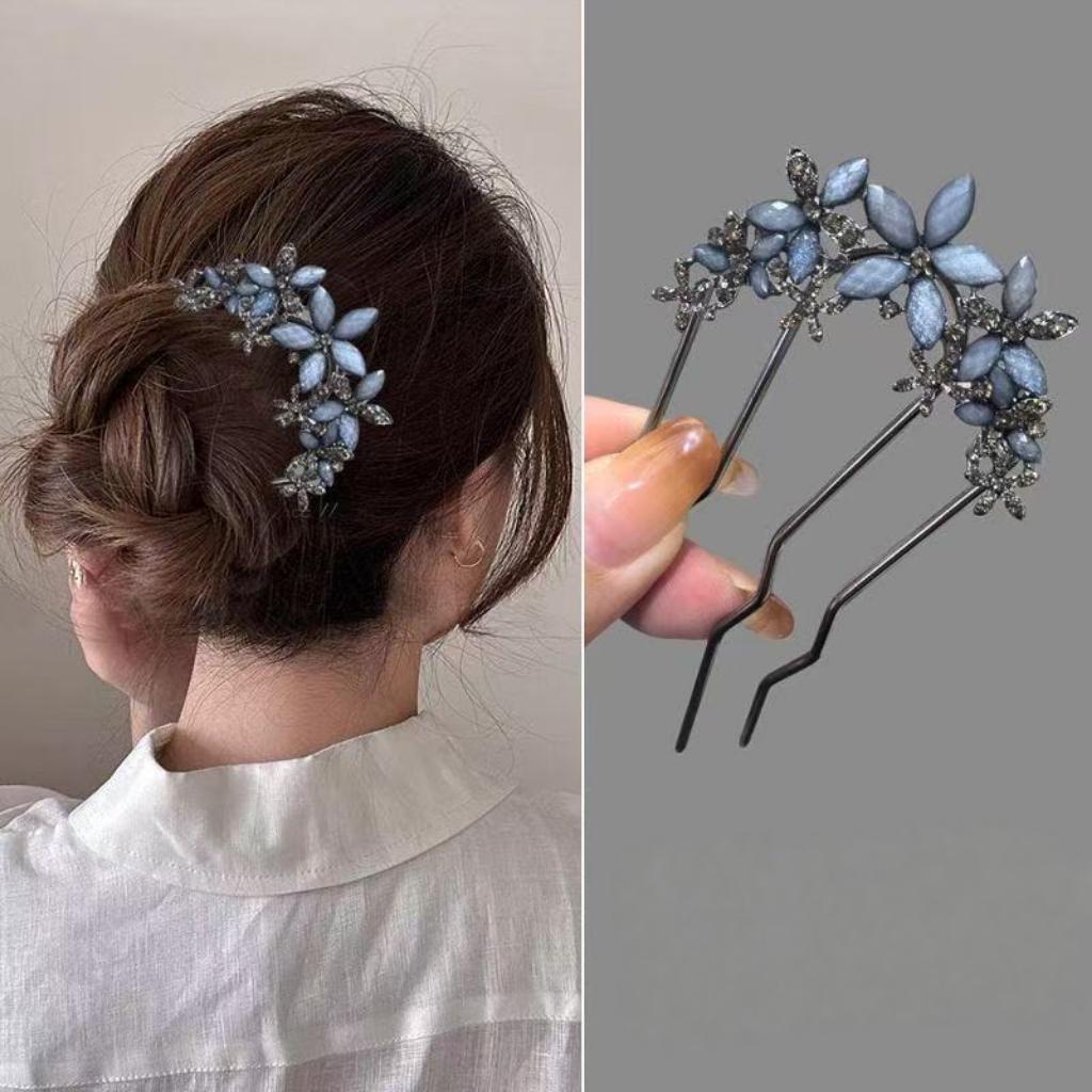Elegant Blue Crystal Flower Hair Combs Pins Women Daily U-shaped Hairpin For Bun Hairstyle Female Hair Updo Pin Accessories Gift