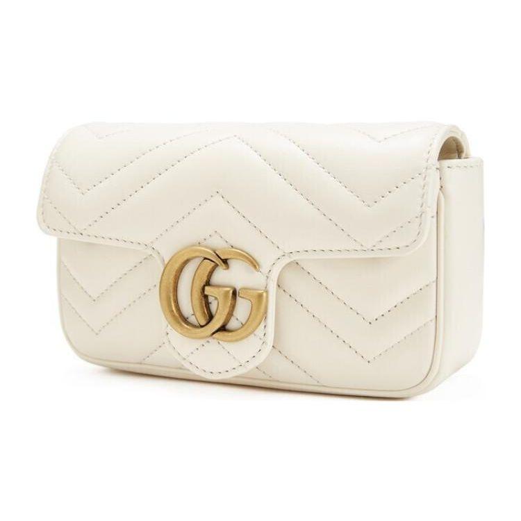 Gucci GG Marmont Gold Logo Distressed Quilted Leather Mini Crossbody Bag Women Bags White 476433-DSVRT-9022