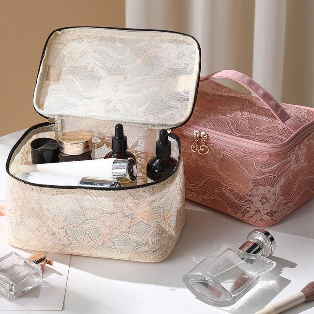 Elegant Portable Makeup Bag Lace Floral Pattern Cosmetic Storage Bag with Handle Large Capacity Travel Toiletry Pouch for Women