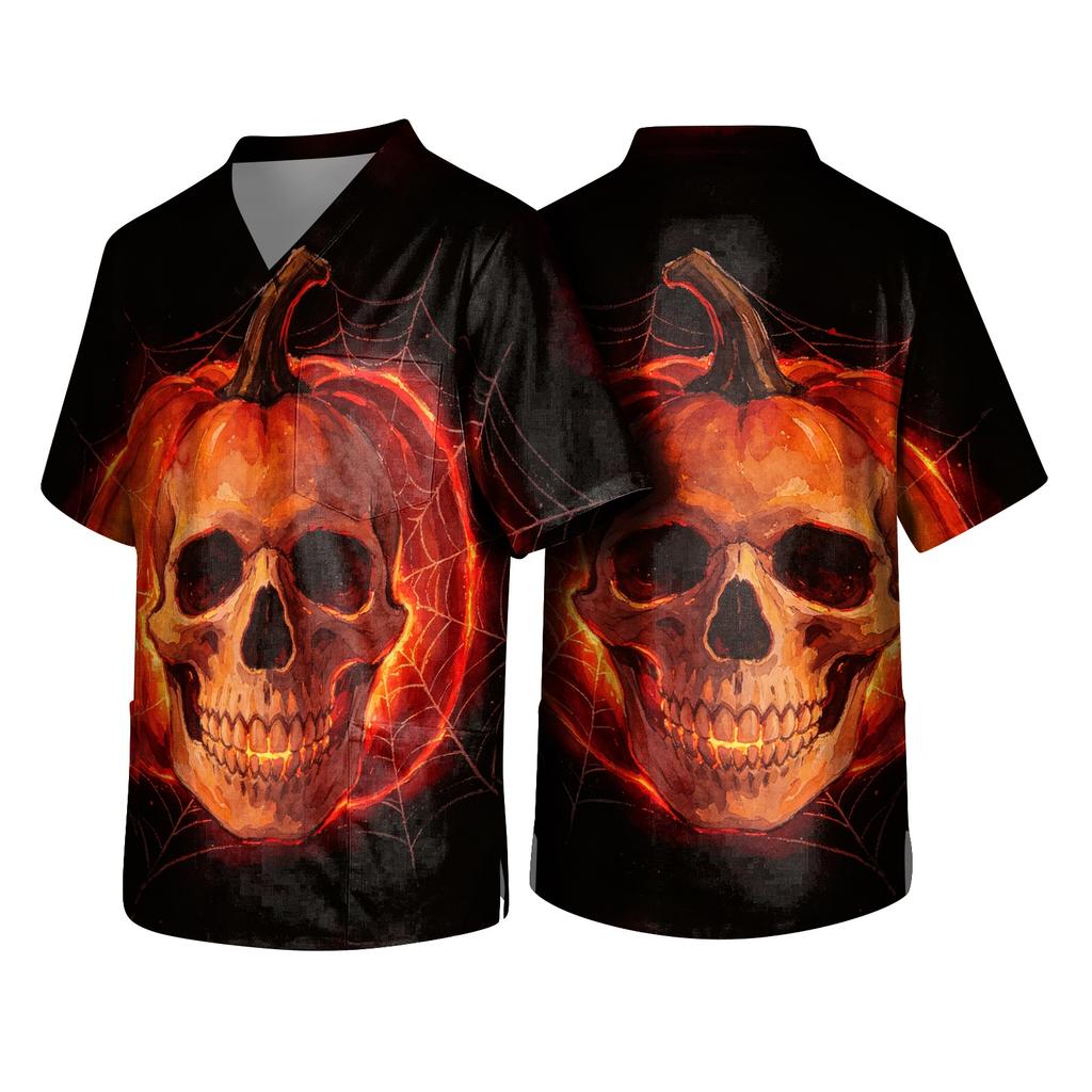 Pánský halloweenský potištěný V-výstřih s krátkým rukávem, zdravotnický top s kapsami pro pečovatele