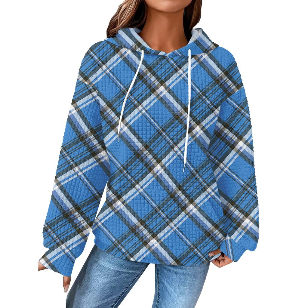 Women's Fashion Loose Hooded Pullover Long Sleeve Plaid Sweatshirt with Drawstring Drop Shoulder and Pocket Print Top