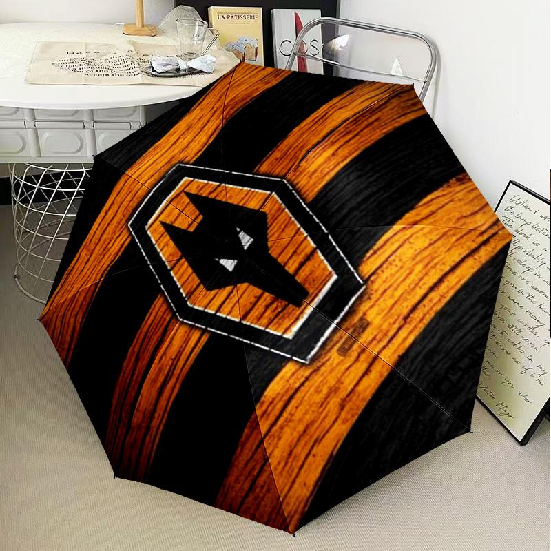 1 Stück Wölfe Fußballclub Emblem Aufdruck Regenschirm Klappschirm, Automatikschirm 8-Rippen für Reisen, Camping Fan Geschenke Weihnachtsgeschenke
