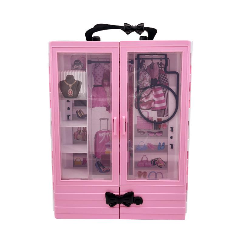 Pink Wardrobe with 10pcs Hangers Playset Doll Accessories Fashion Toys Fold-out Rack Portable Closet Birthday Christmas Gift