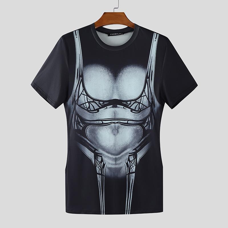 

INCERUN Men Casual Round Neck 3D Print Fitted T-shirt Tops XL чёрный