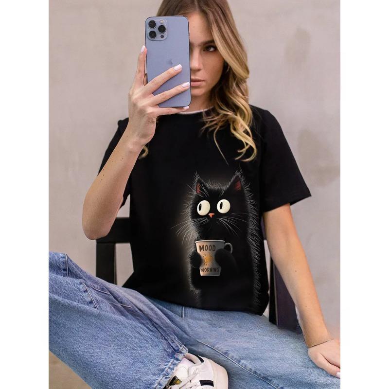 

Летний топ с круглым вырезом и принтом 3D Cat, модные повседневные женские футболки с короткими рукавами XS