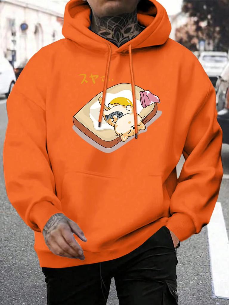 2025 Cartoon Cat Egg Toast Bread Printing Men Hoodie All-Match Autumn Streetwear Comfortable Loose Hoody Fleece Pocket Pullover