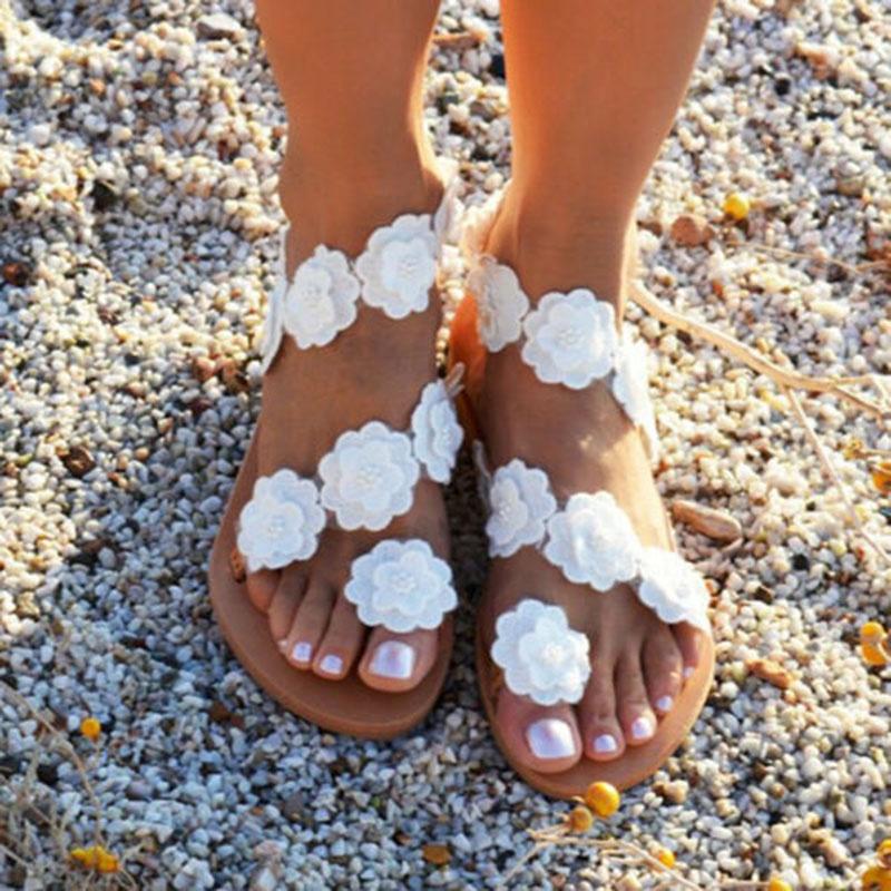 Elegant Women Summer Bohemia Flower Beach Sandals Flat Shoes Slippers Flip Flops