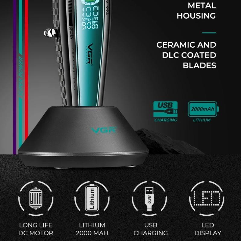 New VGR 9000RPM Powerful Electric Cordless Hair Clipper with Base Rechargeable Smart Digital Display LED LCD Shaver Hair Clipper Shape Carving V-992