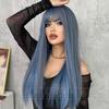 High Quality European American 24 Inch Blue Wig Women With Long Straight Hair Bangs Mermaid Dyed Gray Fiber Full Head Cover