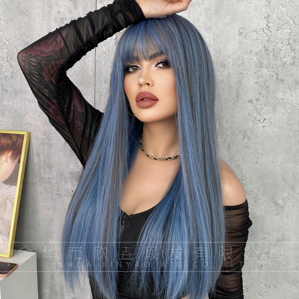 High Quality European American 24 Inch Blue Wig Women With Long Straight Hair Bangs Mermaid Dyed Gray Fiber Full Head Cover