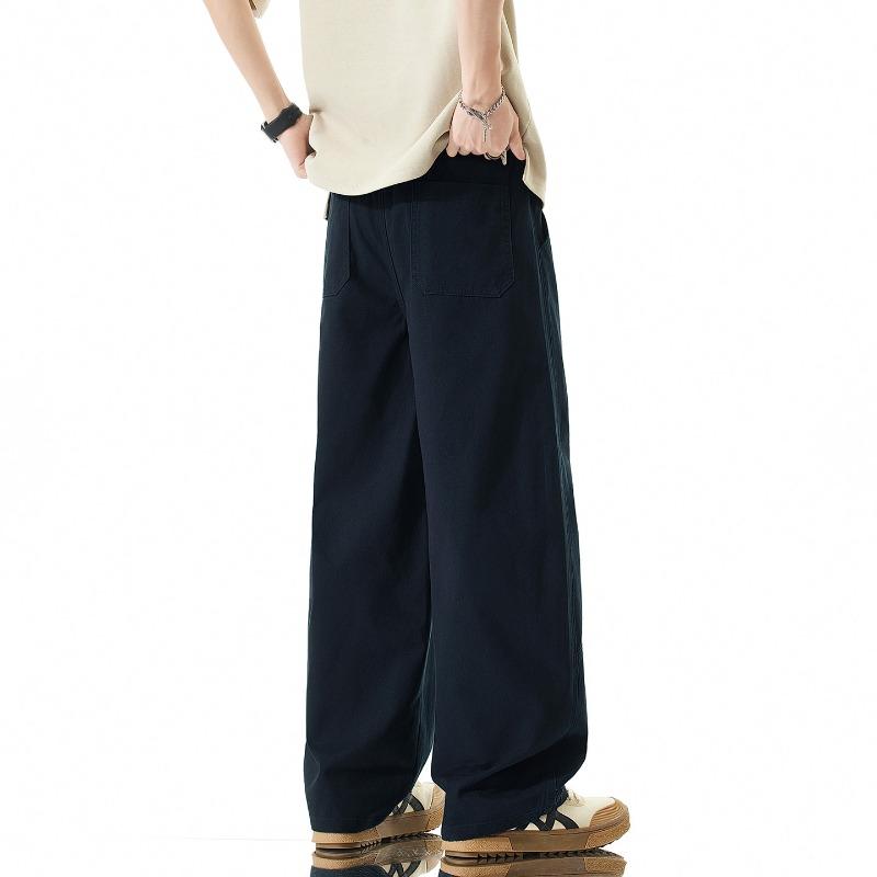 Trendy Brand Splicing Drawstring Casual Pants Men's Pure Cotton Loose Wide-leg Drape Lace-up Tooling Trousers