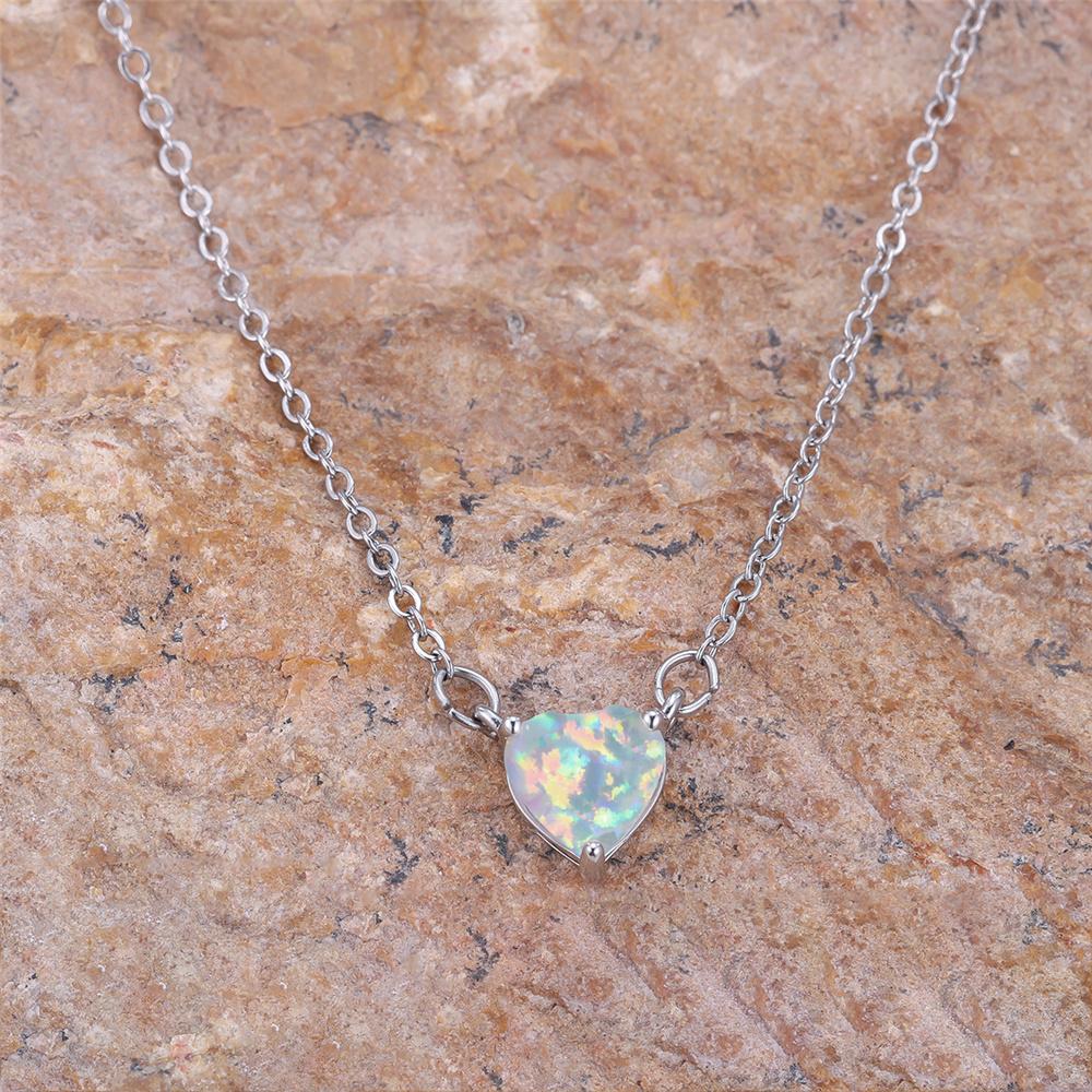 Female Crystal White Opal Stone Love Heart Pendant Necklace Vintage Silver Color Wedding Jewelry For Women