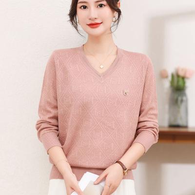 Women's Knitted Top Autumn Slimming Stylish Base Layer V-Neck Pullover Mother's Loose-Fit Clothing