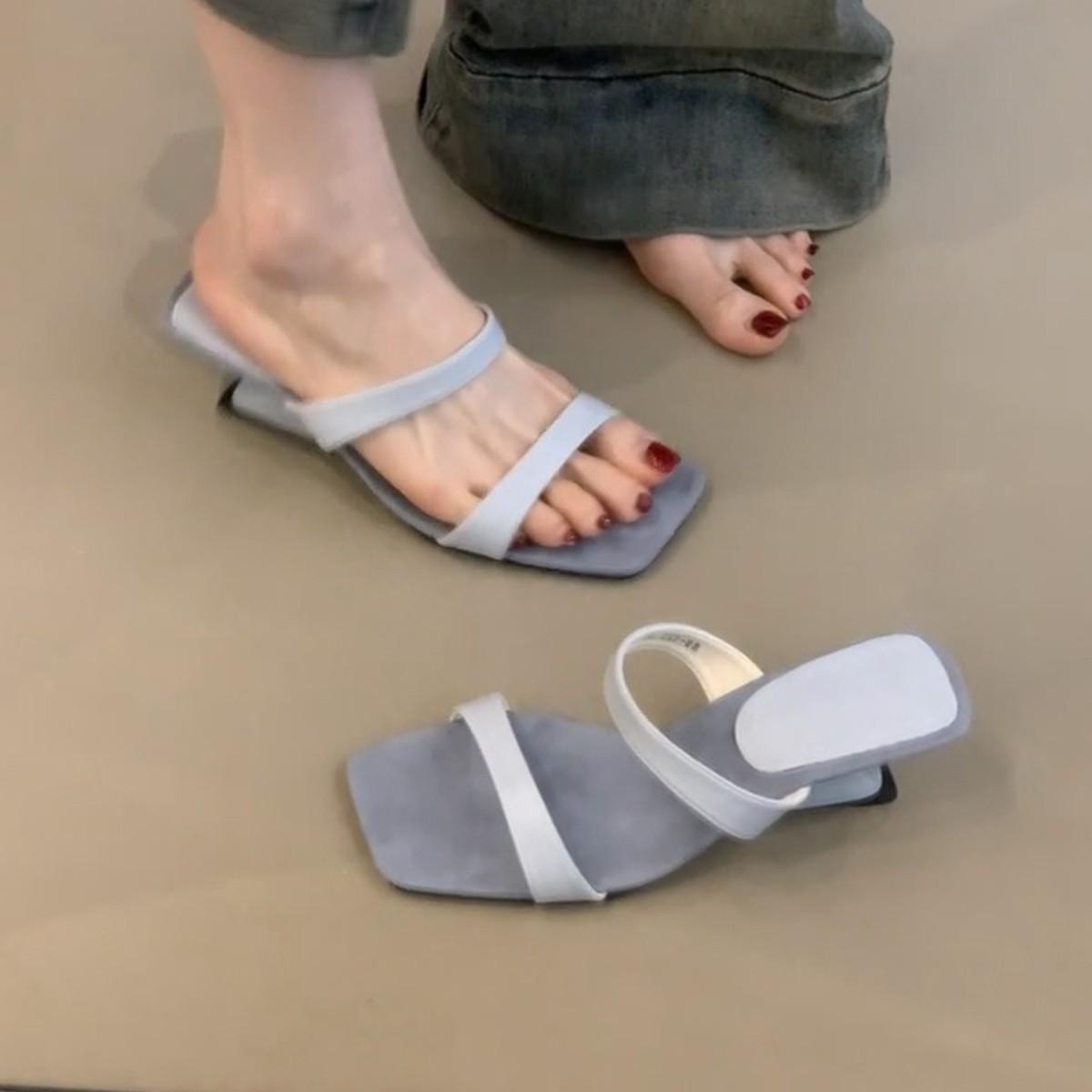 

Slope heel one-word slippers women s summer wear new beautiful high heels with skirt high-end square head cool slippers 35 озеро синього кольору