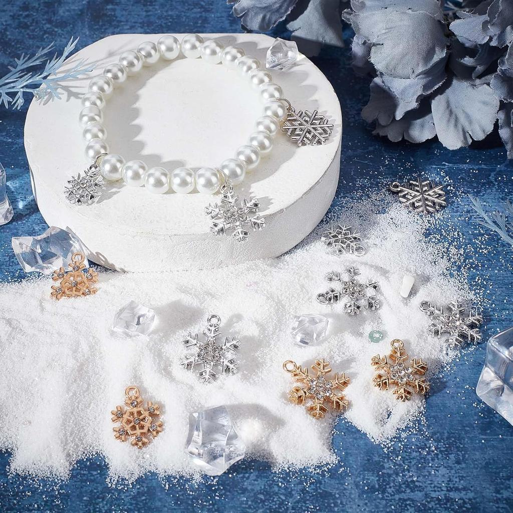 SUNNYCLUE 1 Box 36Pcs 6 Style Snow Charms Christmas Snowflake Charms Xmas Winter Rhinestone Pendants for Jewelry Making DIY Bracelet Necklace
