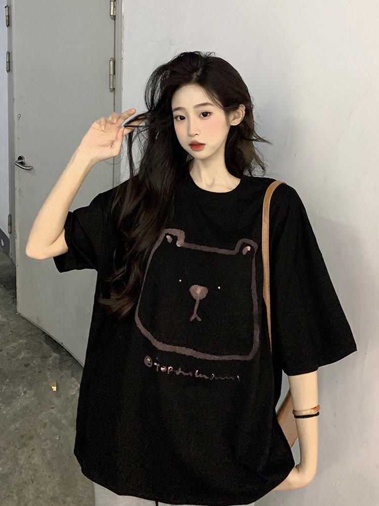 Large Size Fat MM Lazy Hong Kong Style Bear Print Short-sleeved T-shirt Women's Pure Cotton Loose Medium and Long Front Shoulder Couple Top