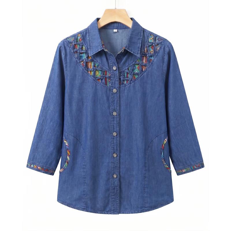 Mid-Aged Women's Fashion Seven-Quarter Sleeve Denim Blouse