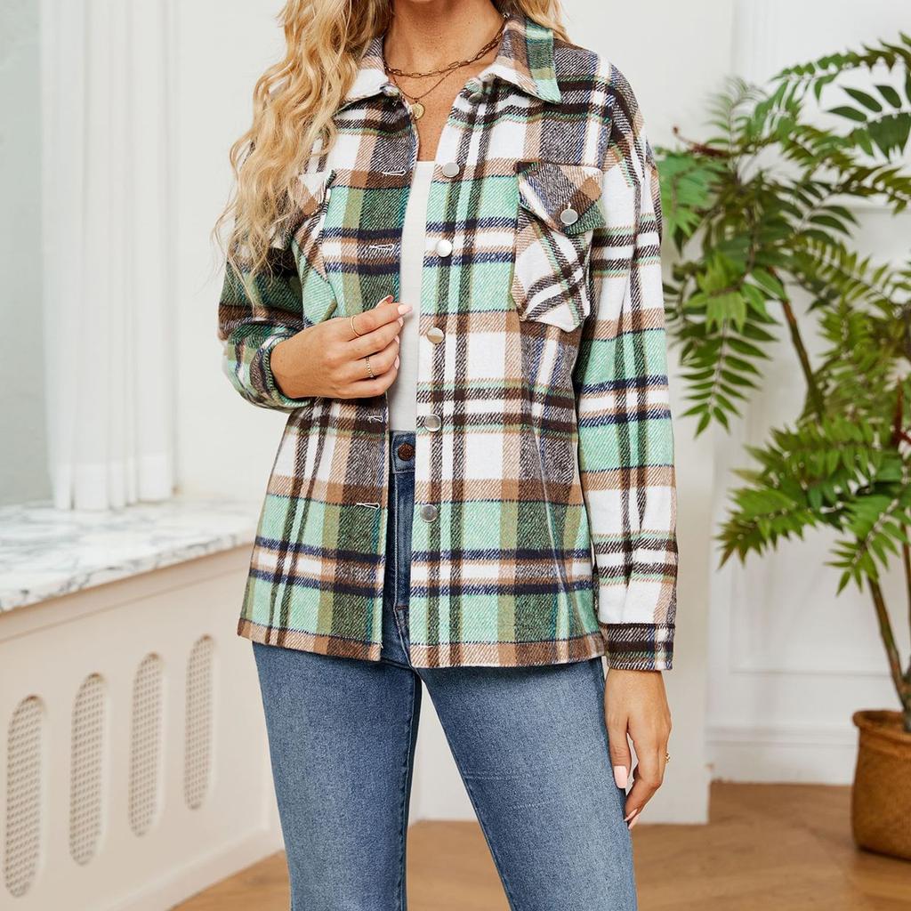 JKASHDK Dámská móda Ležérní Podzim Zima Kostkovaný potisk Polokošile s dlouhým rukávem Blůzy a košile Top bunda