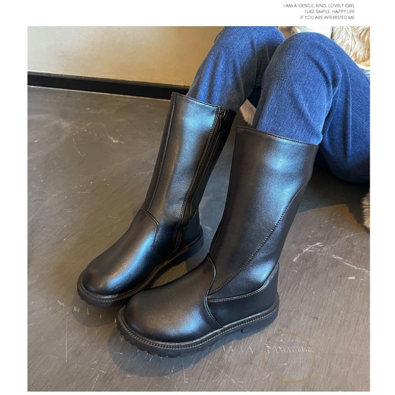 Bottes en cuir simples pour enfants à la mode Bottes longues pour filles Bottes en cuir Bottes en coton chaudes en polaire