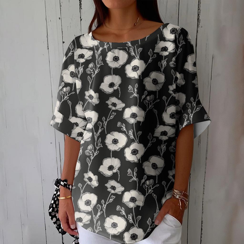 Women's Fashionable Casual Round Neck Printed Top Loose Top Printed Top Loose Top