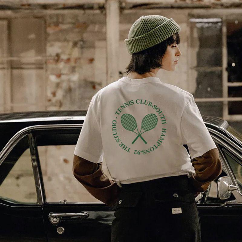 

Tennis Club White Short Sleeve T-shirt for Women 2025 New Arrival Loose American Retro Tennis Shoulder Half Sleeve Tops White S