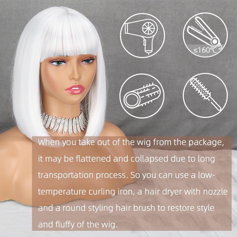 LISI HAIR Damenmode, kurze, reinweiße Bob-Perücke mit glattem Pony, Kunstfaser, schulterlang, glatt, Bob, weiß-silberne Perücke