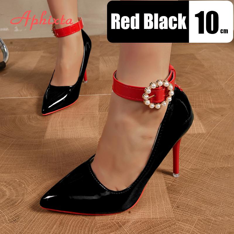 Fashion Aphixta Luxury Pearl Metal Belt Buckle 10cm Stiletto Heels Pumps Women Banquet Shoes Strap Pimp Pointed Toe Size 35-50