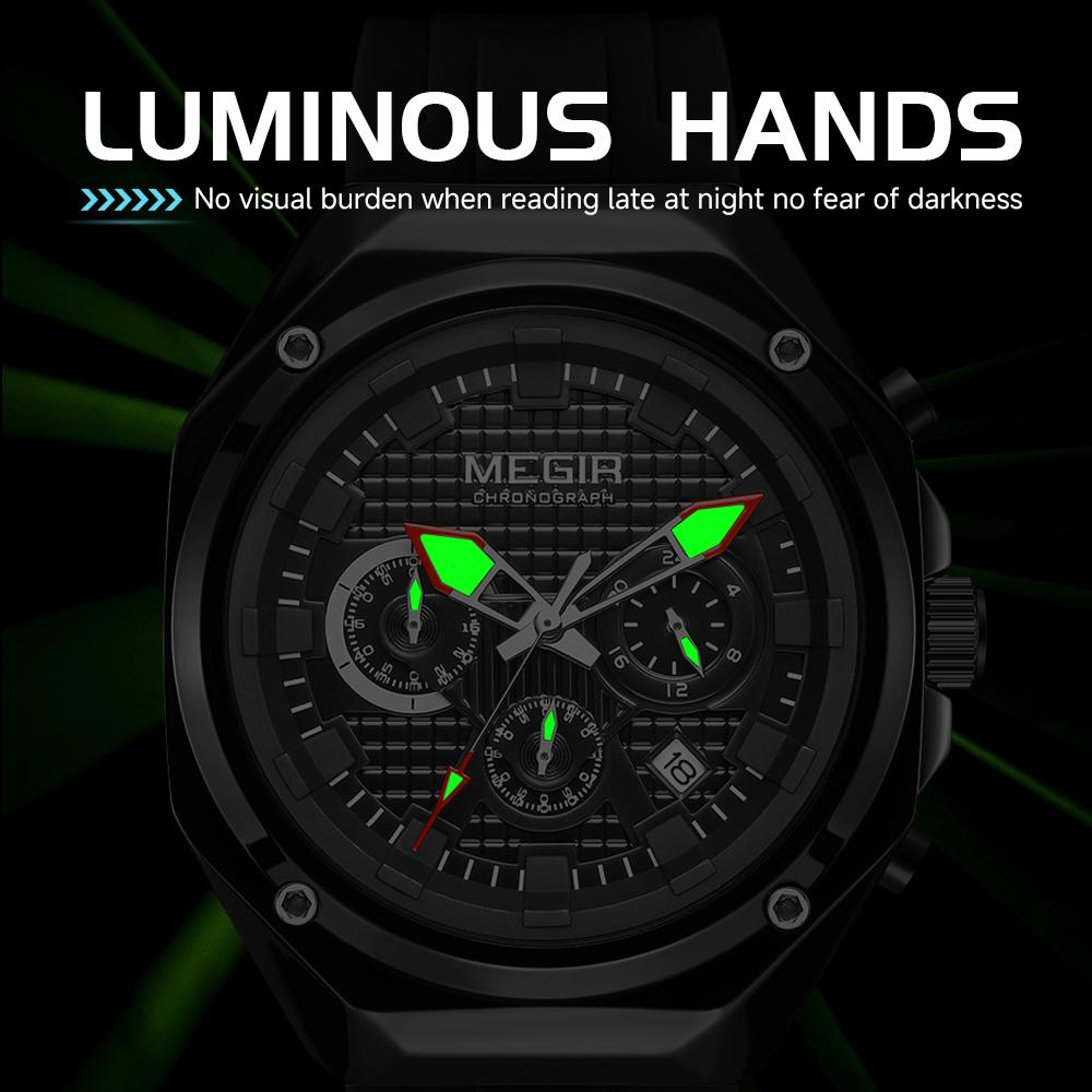 Megir Fashion Sport Watches for Men Silicone Strap Waterproof Military Quartz Chronograph Clock Man Wristwatch with Date 24-hour 8118
