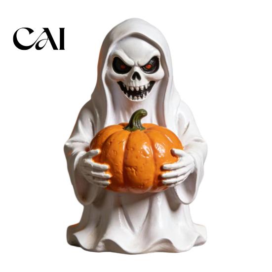 Indoor Halloween Fireplace Decor White Ghost Pumpkin Resin Statue, Spooky Holding Mini Small Decoration Figurine for Garden Yard Tabletop Mantel Home