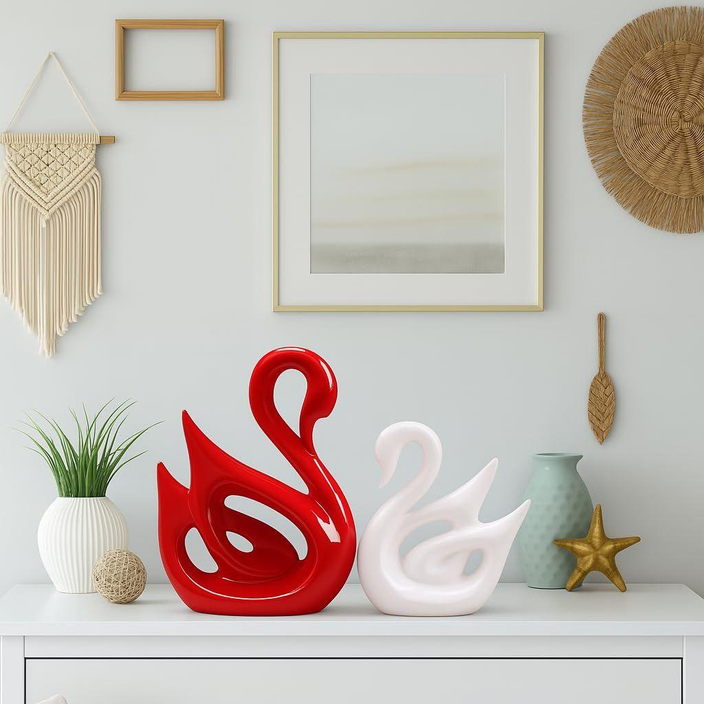 Lucky Swan Couple Piano Finish Ceramic Figures for Home Decor (Set of 2 Pc, Large, White & Red)