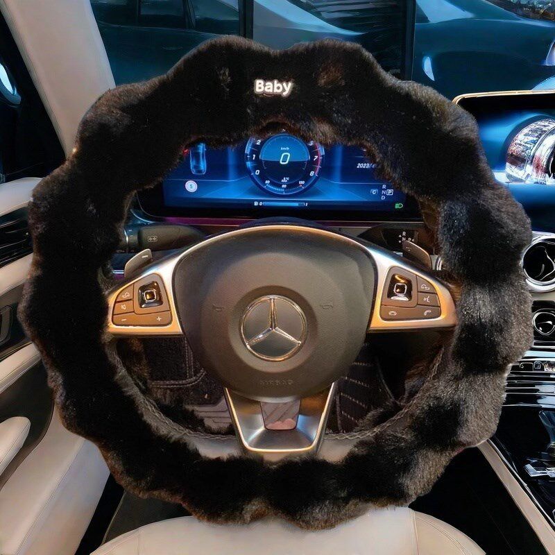 

Car Steering Wheel Cover Winter Plush Cute Female Style Cartoon Personality Non-Slip Warm Winter Super Thick Male Car Handlebar Cover Long Wavy Black-Baby
