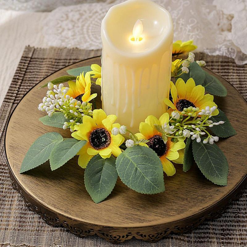 Wreath Candle Ring Artificial Sunflower Garland Pillar Candle Leaves Spring Greenery Candle Holder For Home Wedding Party