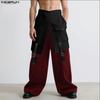 INCERUN Men High Wrap Waist Patchwork Zip-up Casual Loose Long Wide Legs Pants Trousers