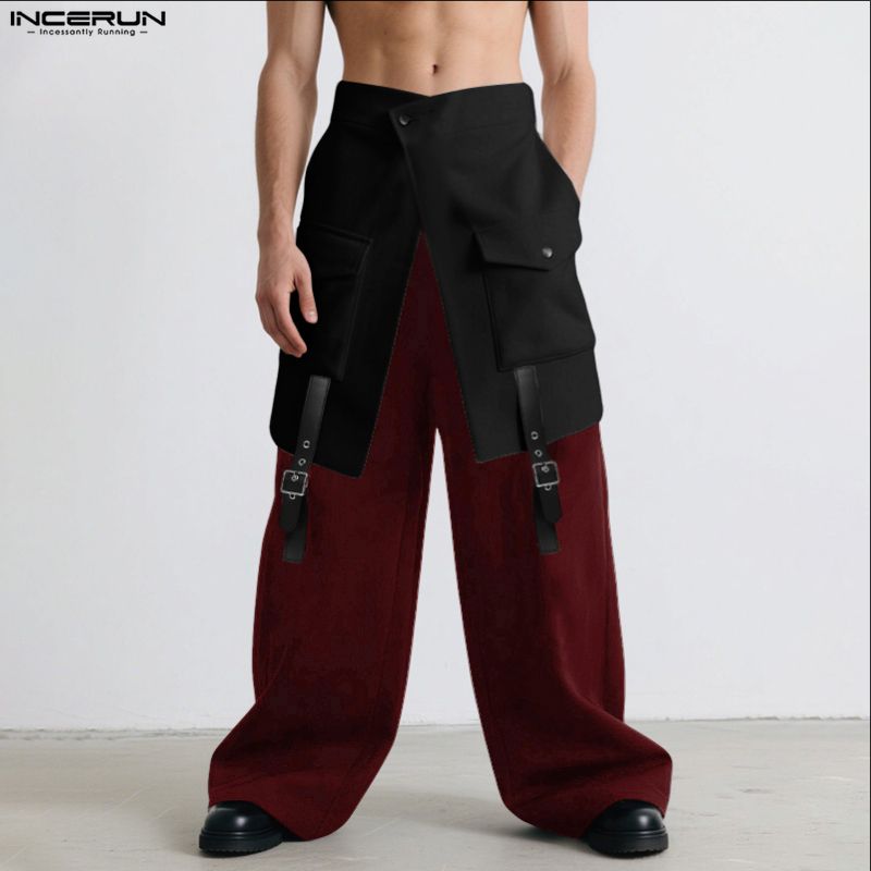 INCERUN Men High Wrap Waist Patchwork Zip-up Casual Loose Long Wide Legs Pants Trousers