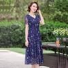 Summer Chiffon Mid-length Plus Size Printed Floral Over-the-knee Dress V-Neck Short Sleeve Elastic Waist