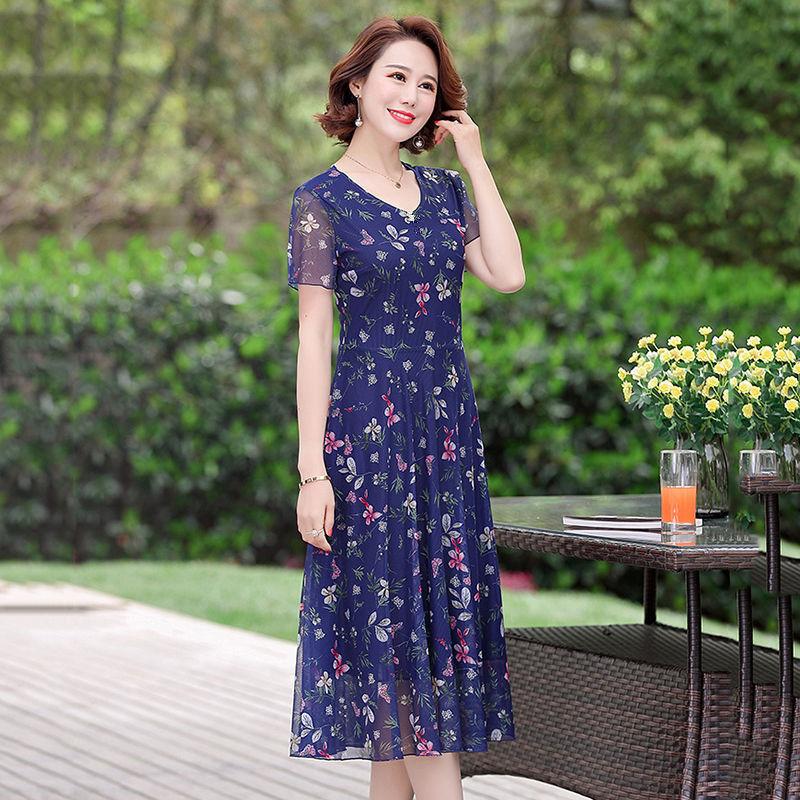 Summer Chiffon Mid-length Plus Size Printed Floral Over-the-knee Dress V-Neck Short Sleeve Elastic Waist