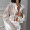 1116 Spring European and American Women's Clothing Set Perspective Horn Sleeve Short Shirt High Waist Ruffle Edge Spice Girl Long Skirt Two-piece Set