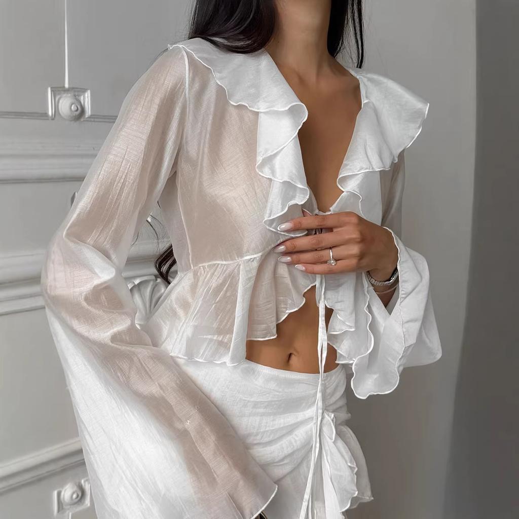 1116 Spring European and American Women's Clothing Set Perspective Horn Sleeve Short Shirt High Waist Ruffle Edge Spice Girl Long Skirt Two-piece Set