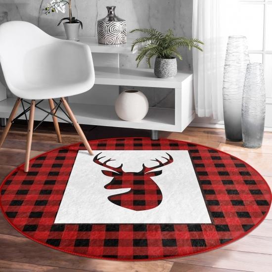 

Deymend Merry Xmas Plaid Design Digital Printed Claret Red Kitchen Washable Non-Slip Round Carpet