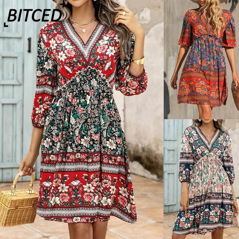 BITCED Fashion Summer Spring 3/4 Sleeves V-Neck Casual Dresses