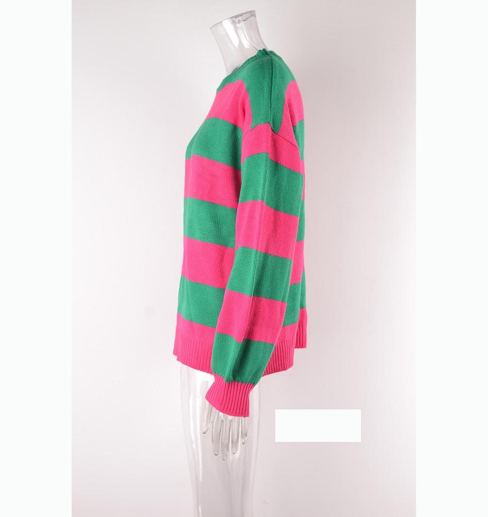 Plus Size Women Striped Spliced Round Neck Pullover Sweater Loose Lazy Autumn Wear