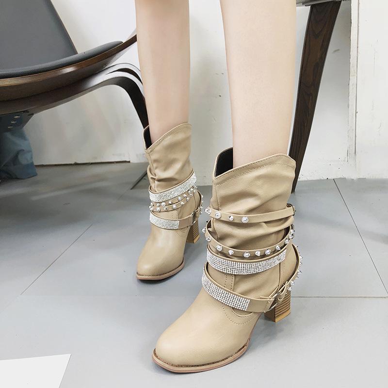 Vintage Belt Buckles Women Boots Autumn Winter Patchwork Square Heels Round Toe Ankle Boots Ladies Boots 758